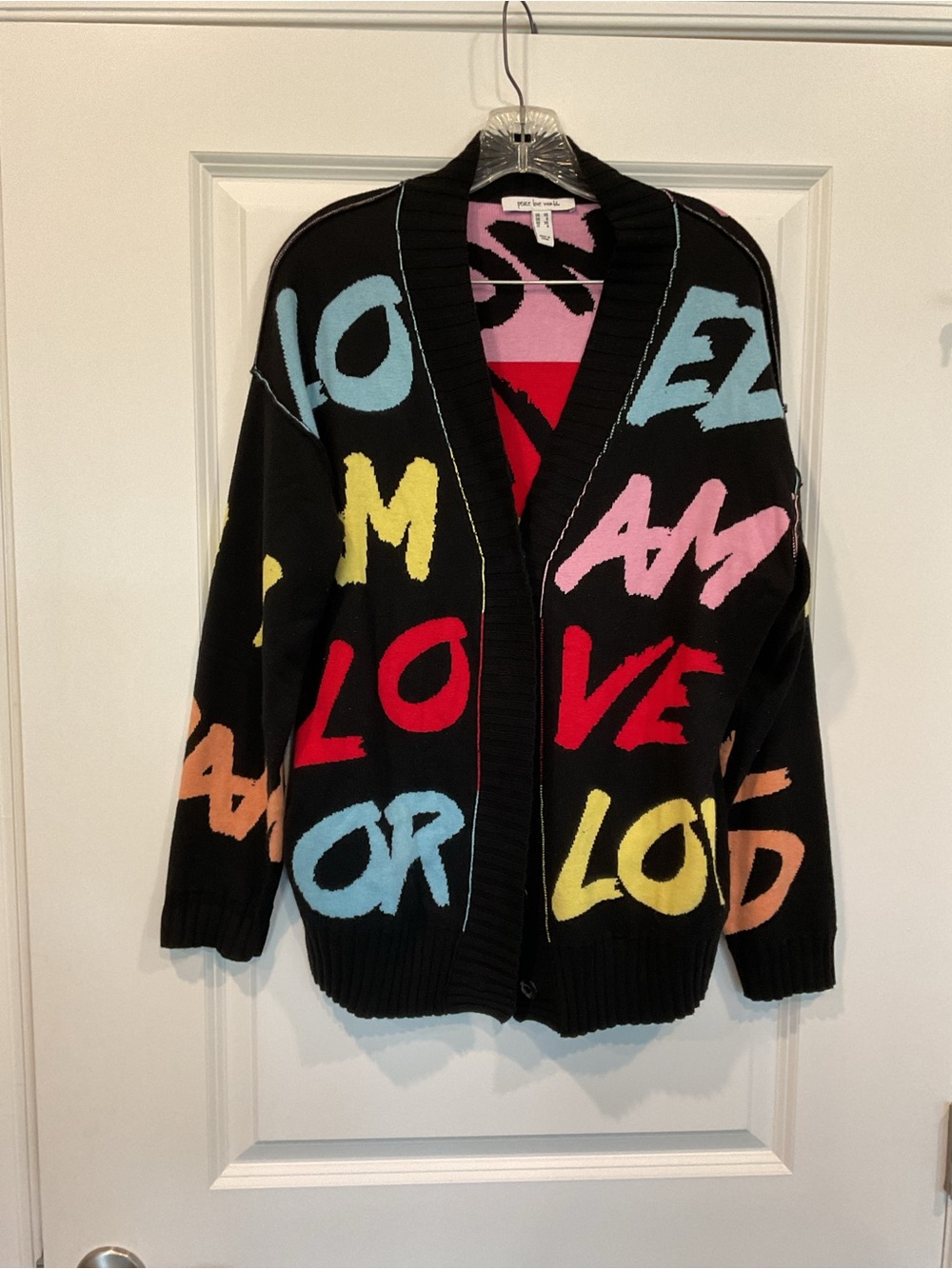 Peace Love World Black Cardigan with Multicolor LOVE Graphic